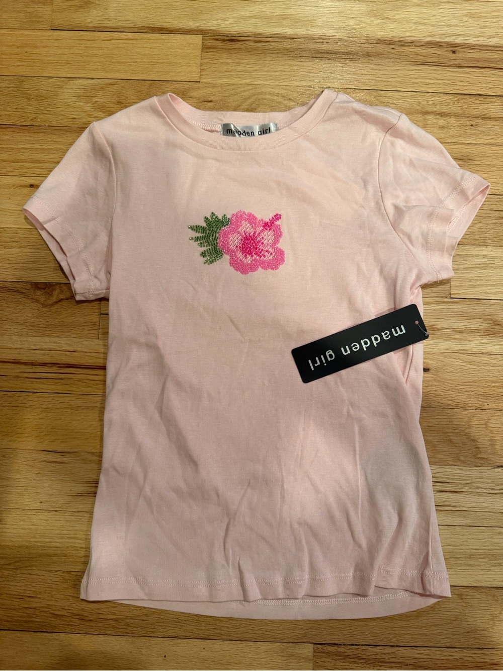 Madden Girl Light Pink Short-Sleeve Tee with Pink Floral Beading